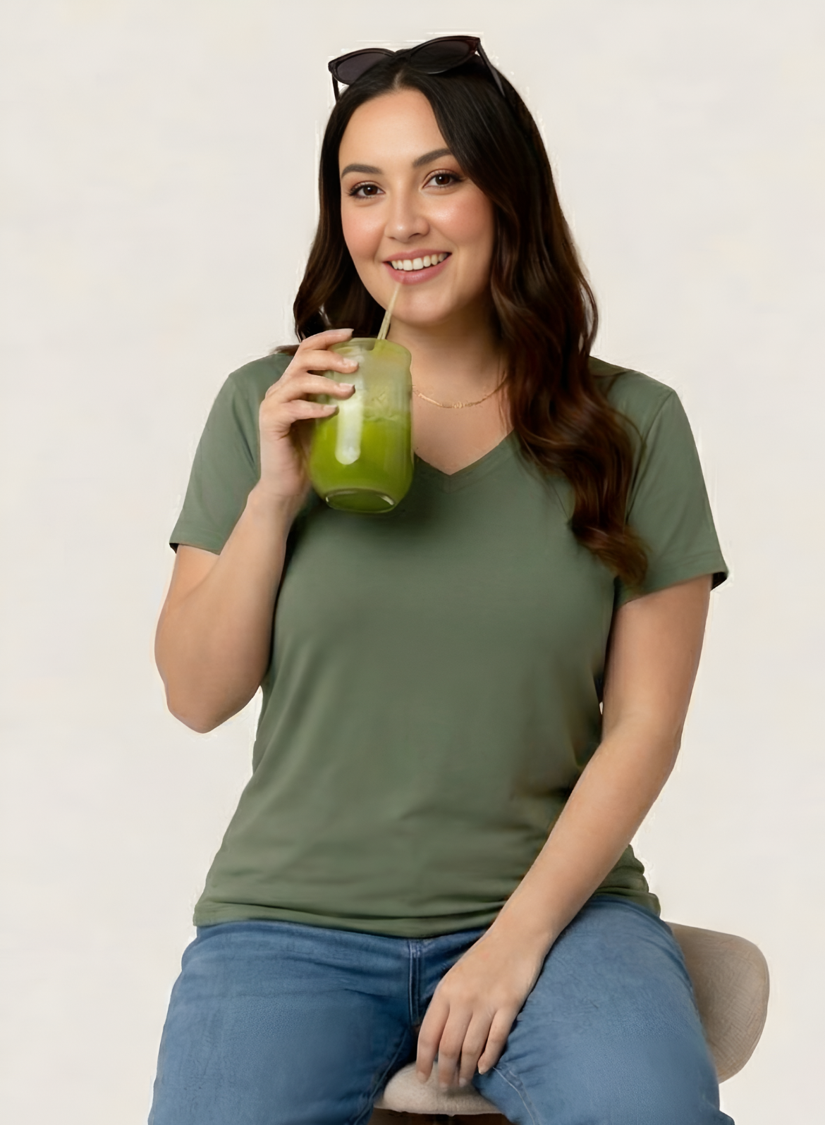 Matcha Mint Solid V-Neck T-shirt for Women
