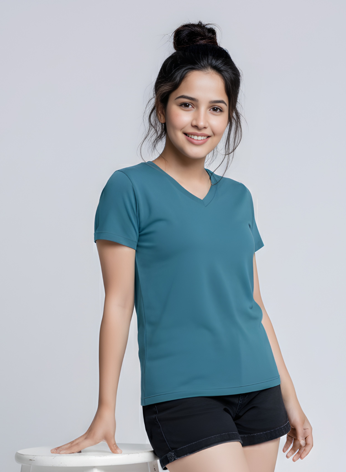 Peacock Teal Solid V-Neck T-shirt for Women