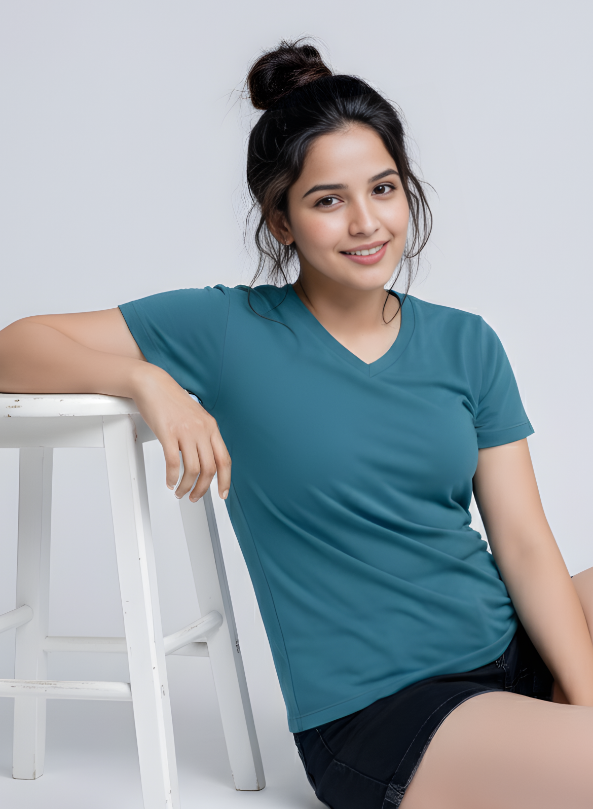 Peacock Teal Solid V-Neck T-shirt for Women
