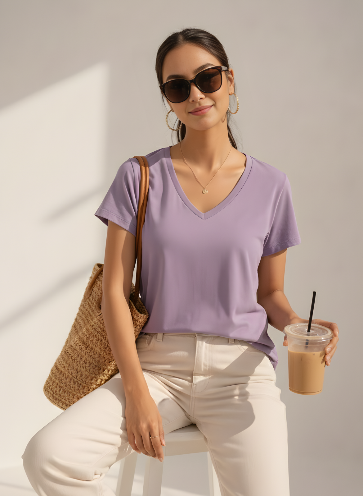 Lavish Lilac Solid V-Neck T-shirt for Women