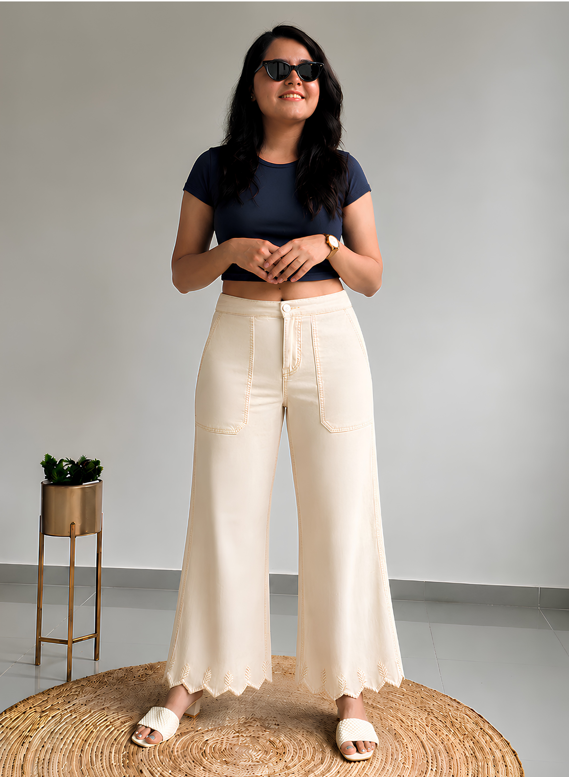 Beige Wide Leg Pants