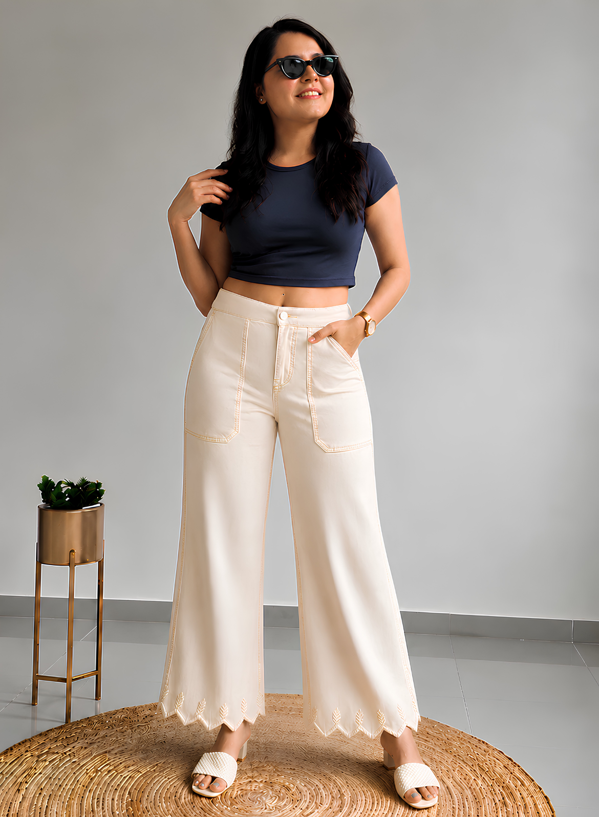 Beige Wide Leg Pants
