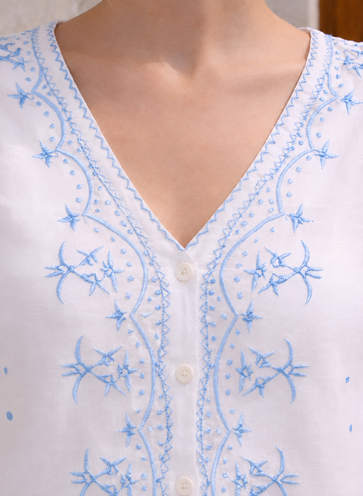 White & Sky Embroidered Cotton Top