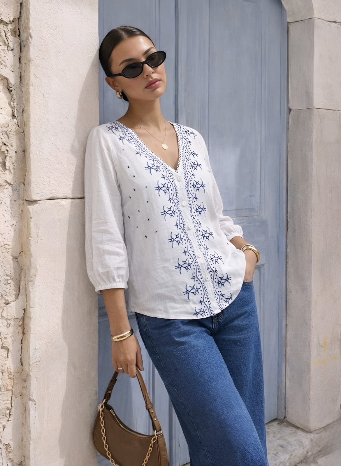 White & Blue Embroidered Cotton Top