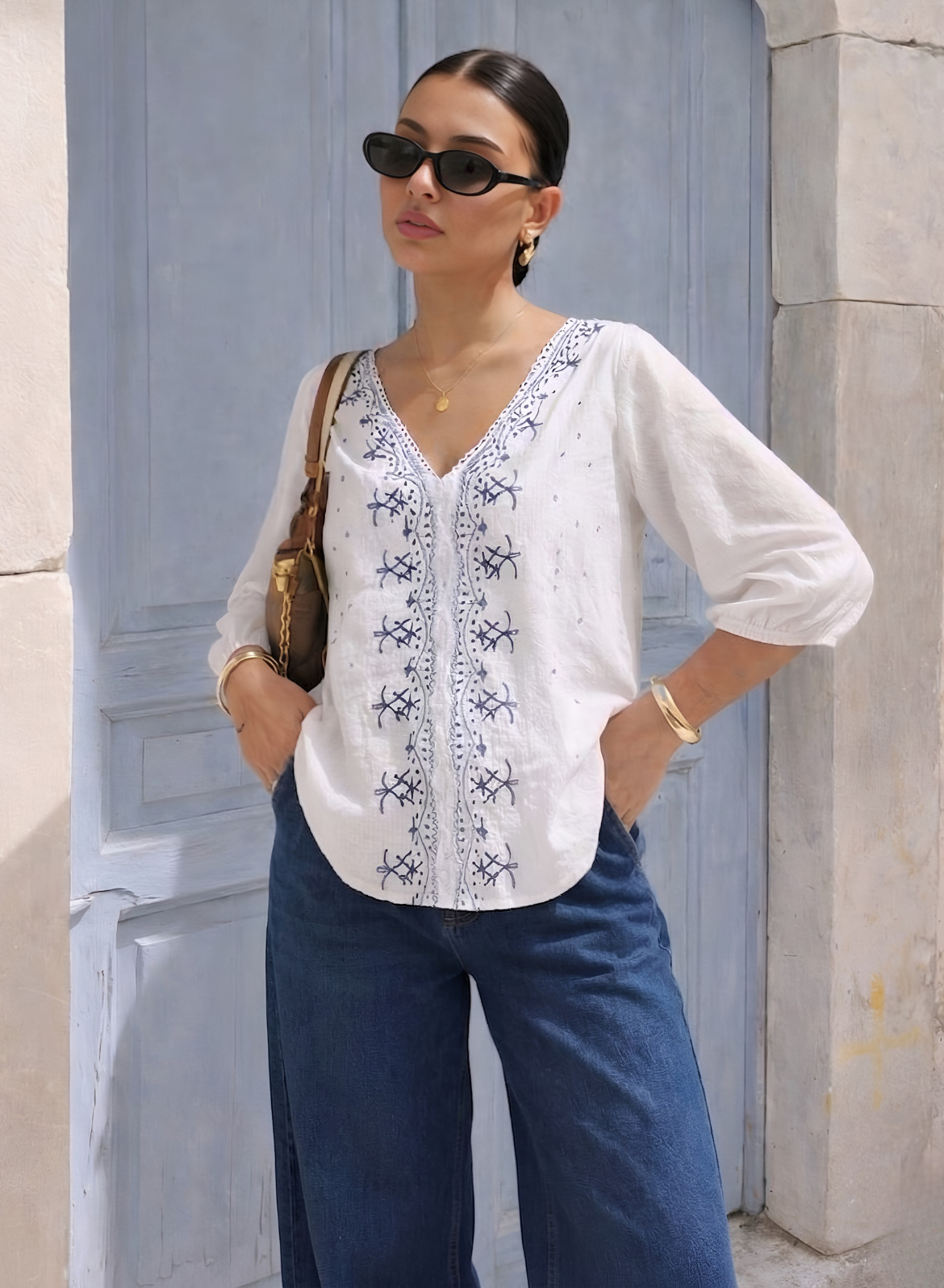 White & Blue Embroidered Cotton Top