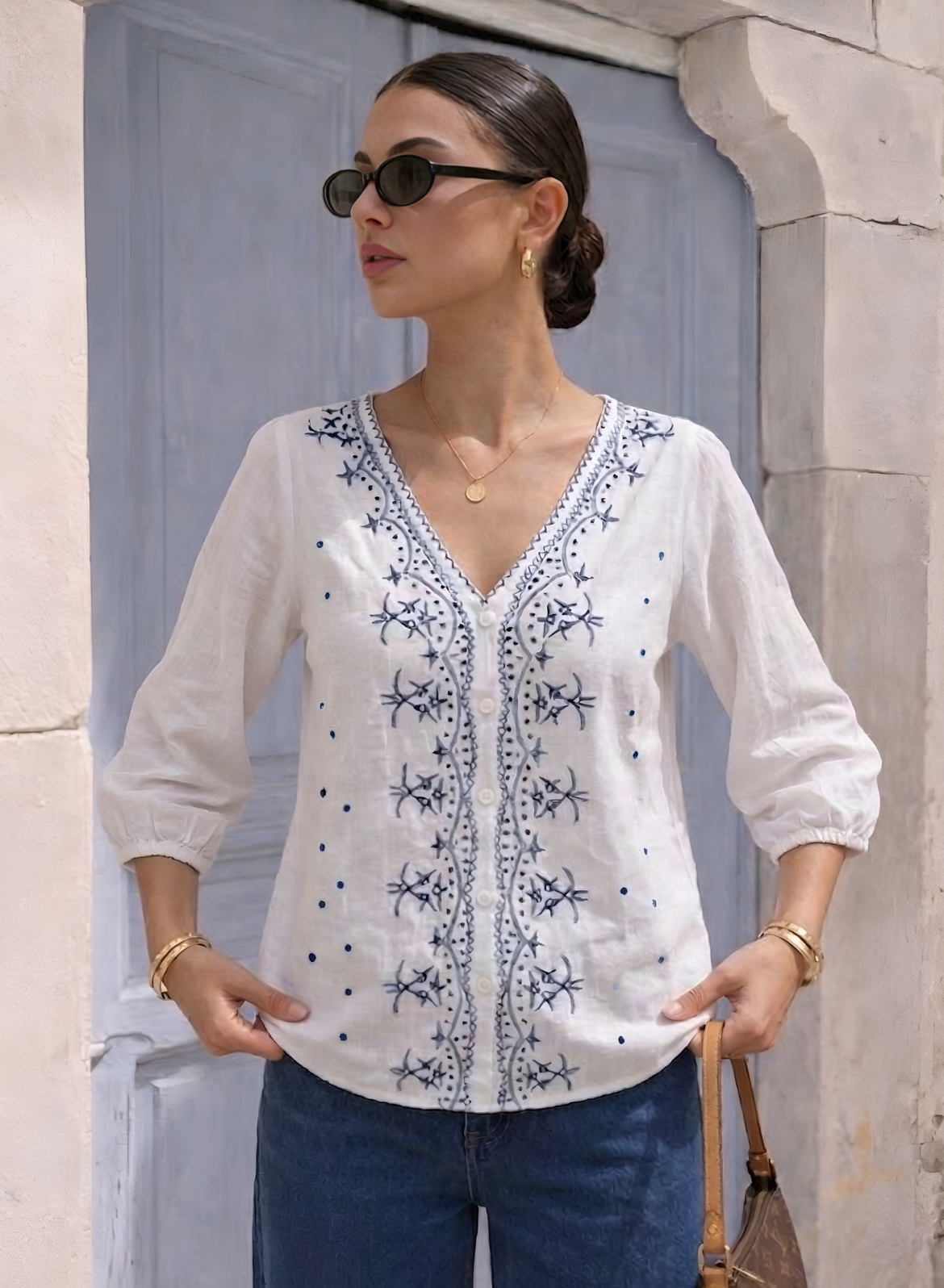 White & Blue Embroidered Cotton Top