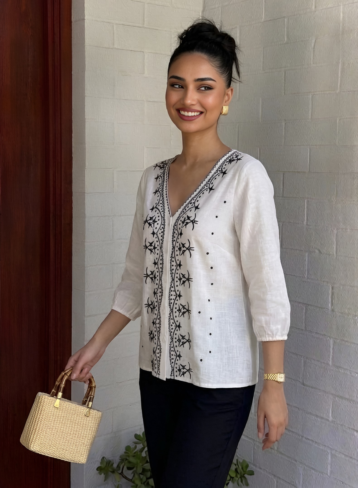 White & Black Embroidered Cotton Top