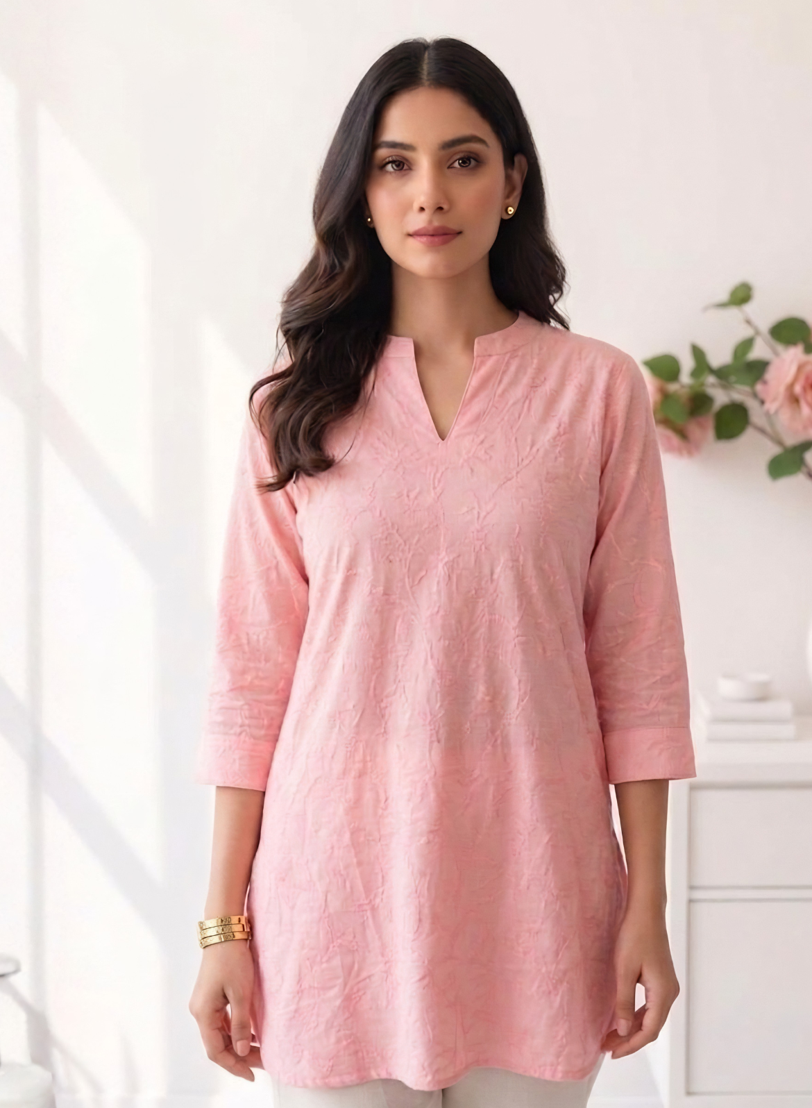 Soft Pink Cotton Embroidered Short Kurti
