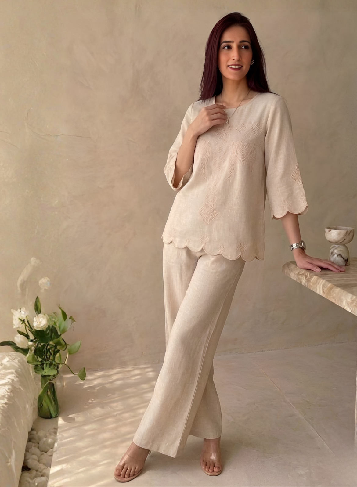 Sand Beige Cotton Embroidered Co-ord Set