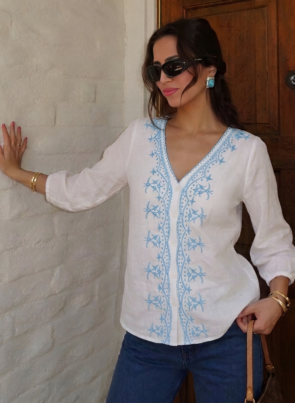 White & Sky Embroidered Cotton Top