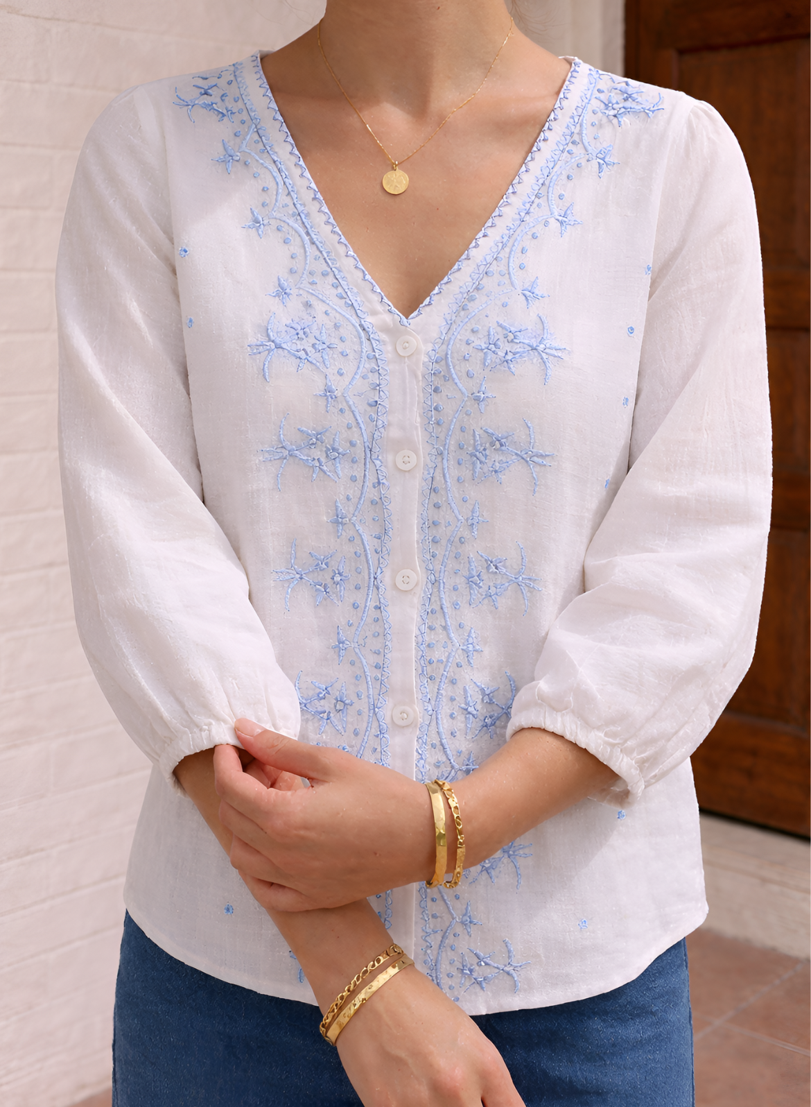 White & Sky Embroidered Cotton Top