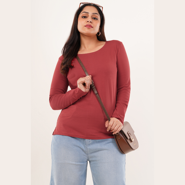 Coral Crush Full Sleeves Solid T-shirt for Women