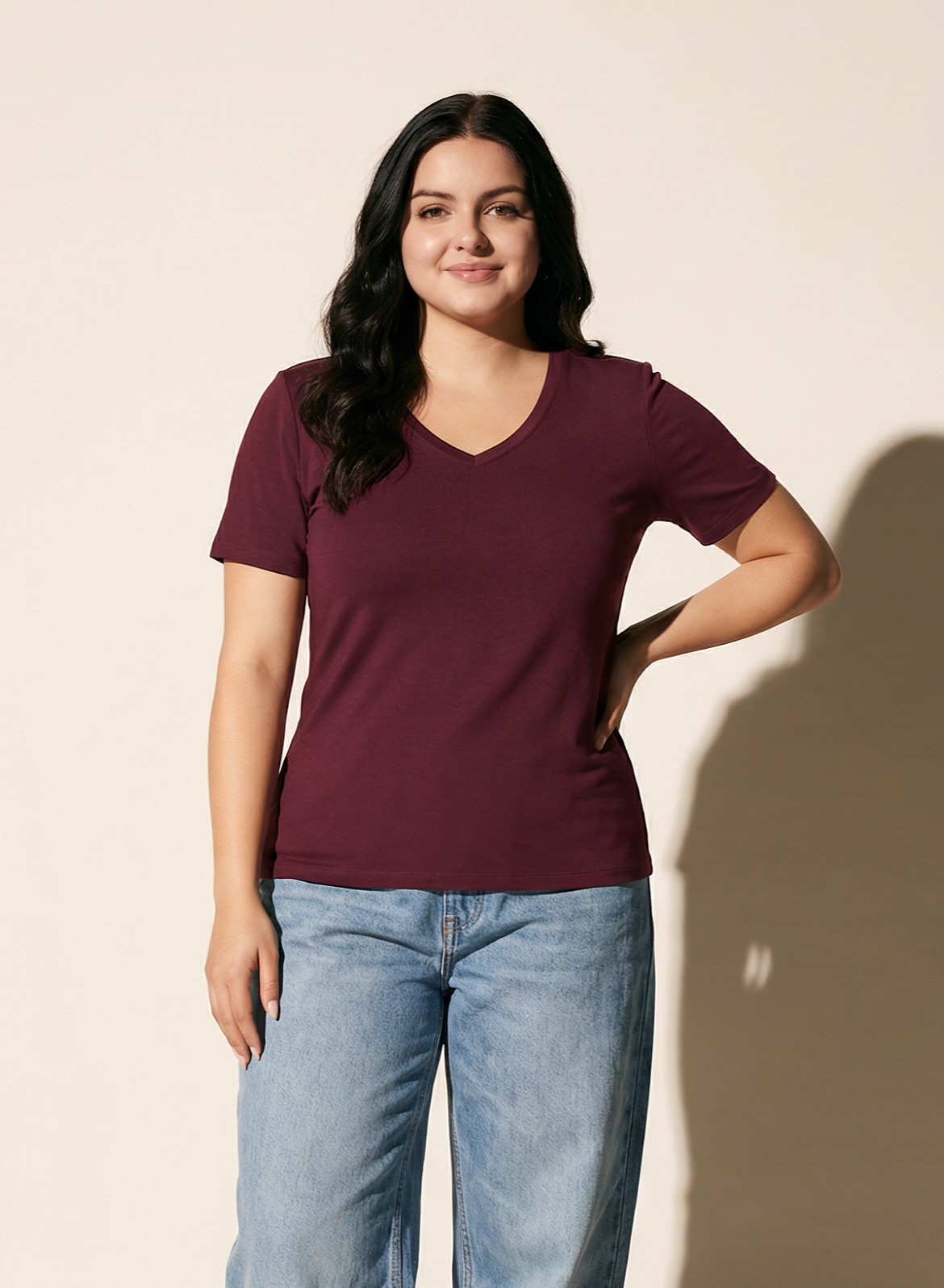 Burning Burgundy Solid V-Neck T-shirt for Women