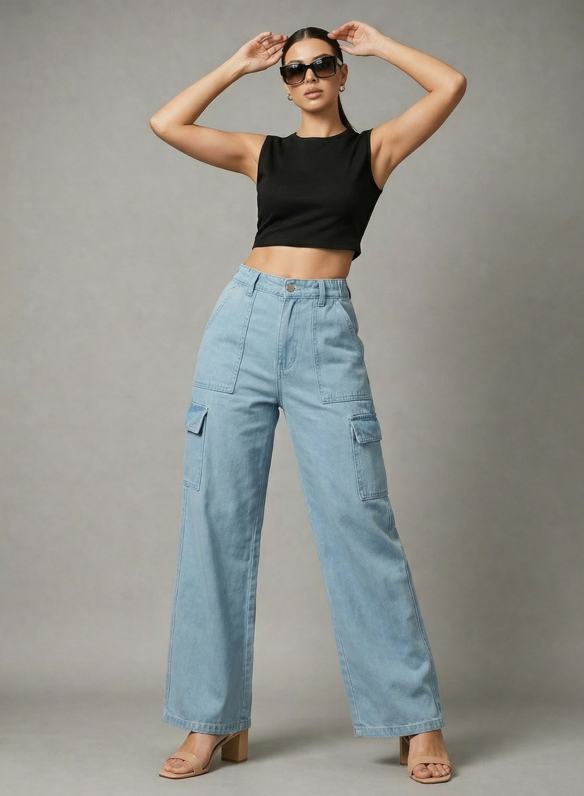 Women's Light Blue Relaxed Fit Cargo Jeans
