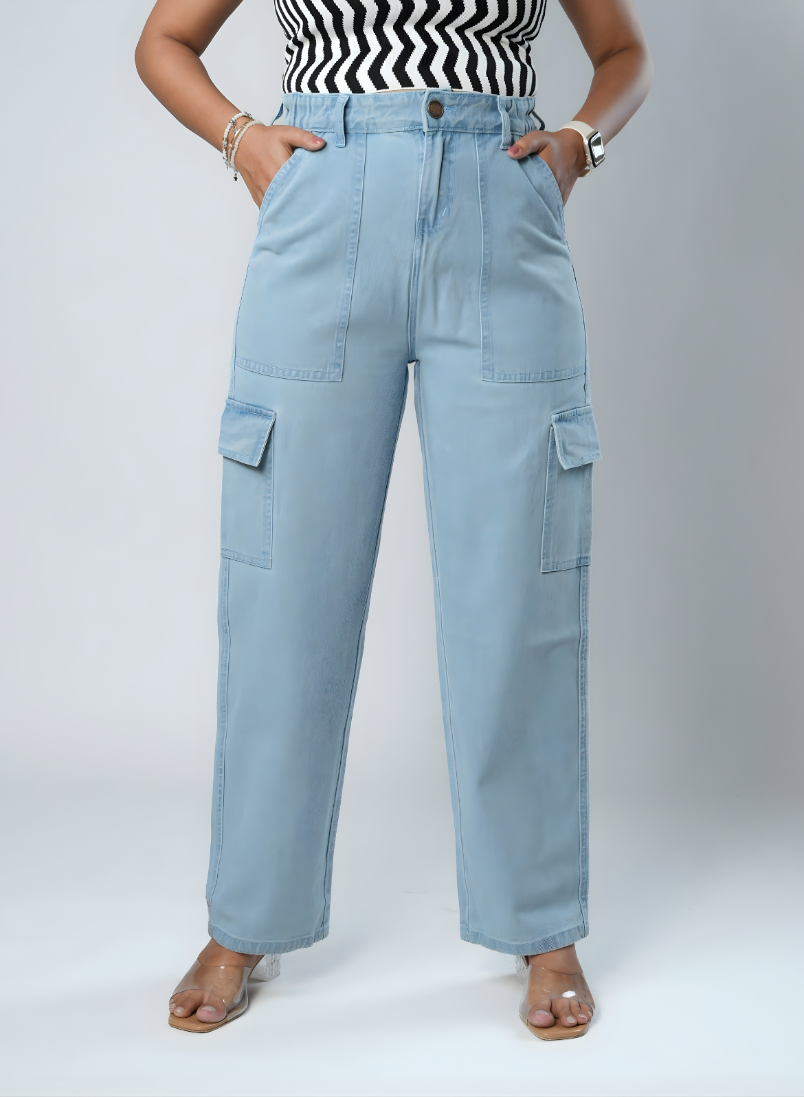 Women's Light Blue Relaxed Fit Cargo Jeans