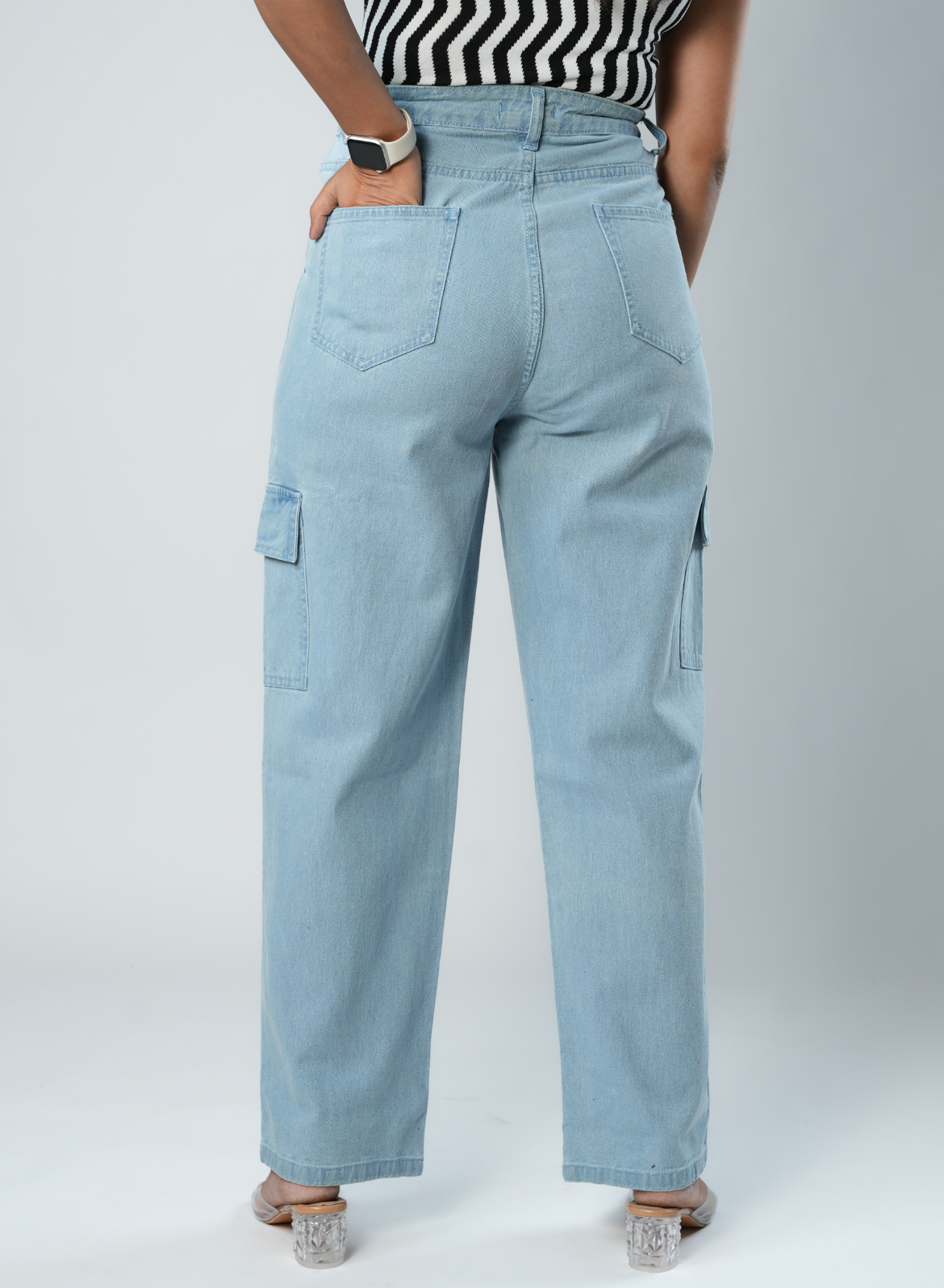 Women's Light Blue Relaxed Fit Cargo Jeans