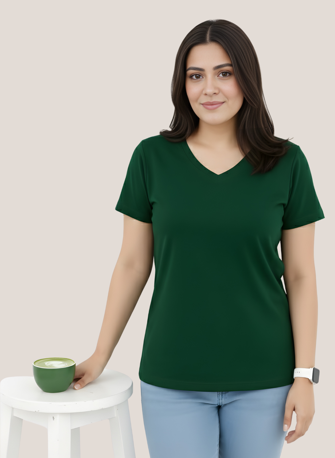 Gritty Green Solid V-Neck T-shirt for Women
