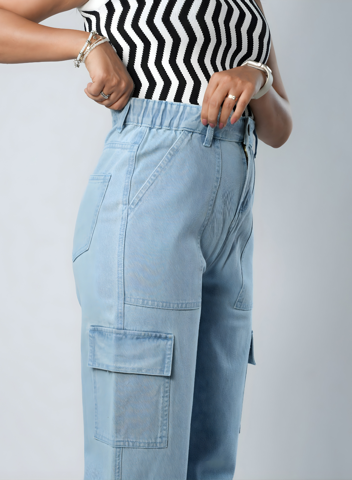 Women's Light Blue Relaxed Fit Cargo Jeans