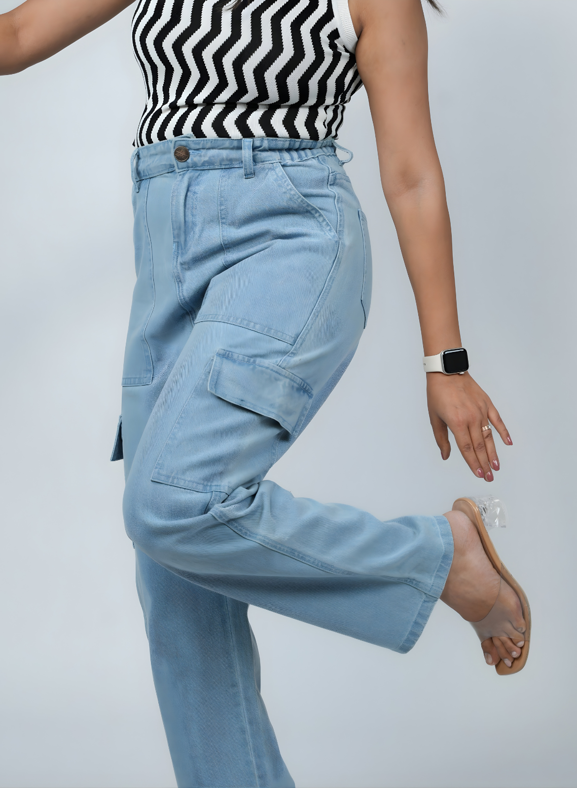 Women's Light Blue Relaxed Fit Cargo Jeans