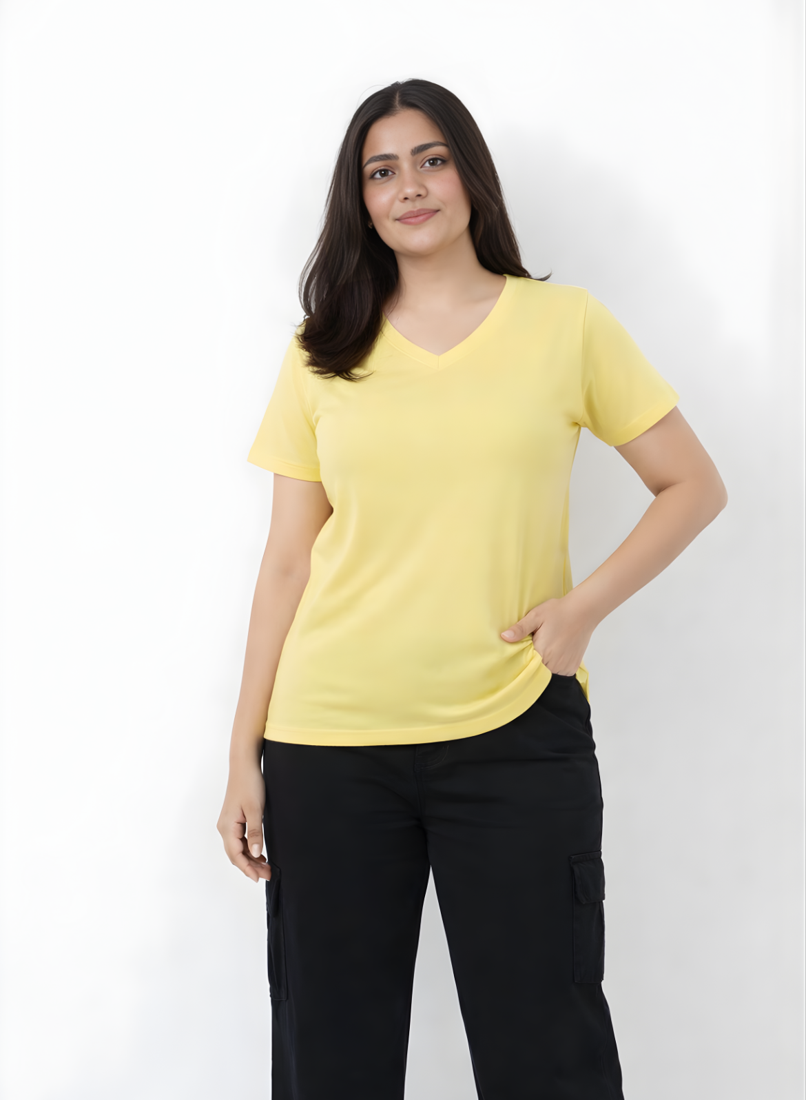 Lovely Lemon Solid V-Neck T-shirt for Women