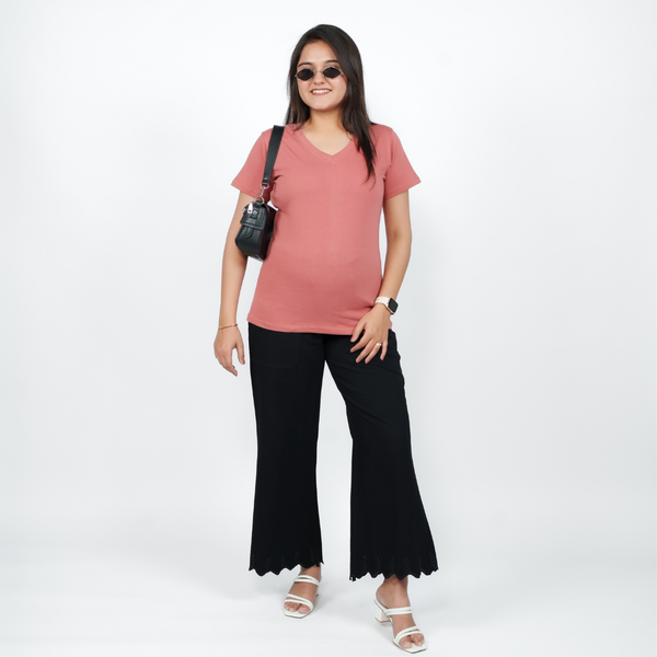 Pretty Pink Solid V-Neck T-shirt for Women