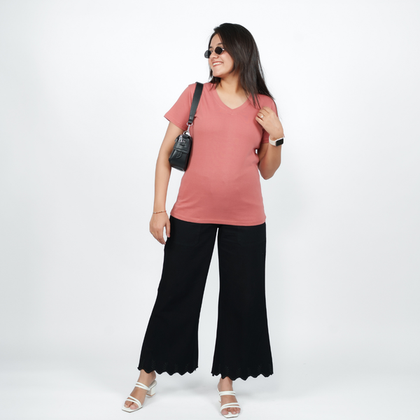 Pretty Pink Solid V-Neck T-shirt for Women