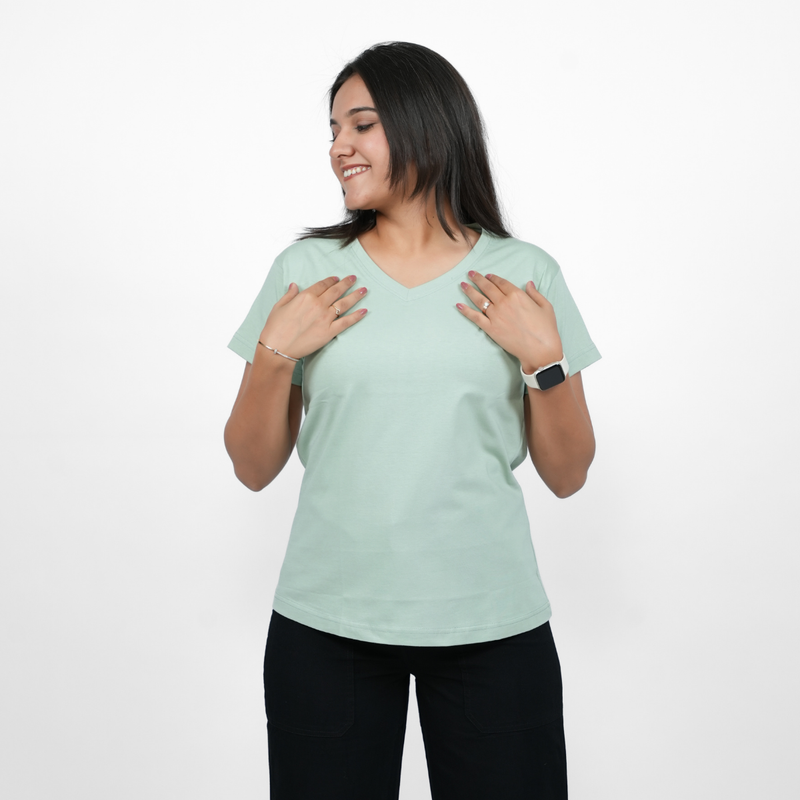 Glossy Green Solid V-Neck T-shirt for Women