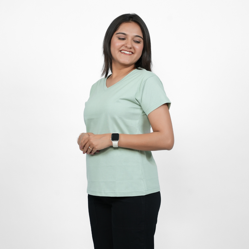 Glossy Green Solid V-Neck T-shirt for Women