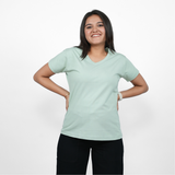 Glossy Green Solid V-Neck T-shirt for Women