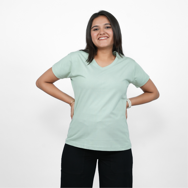 Glossy Green Solid V-Neck T-shirt for Women