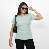 Glossy Green Solid V-Neck T-shirt for Women