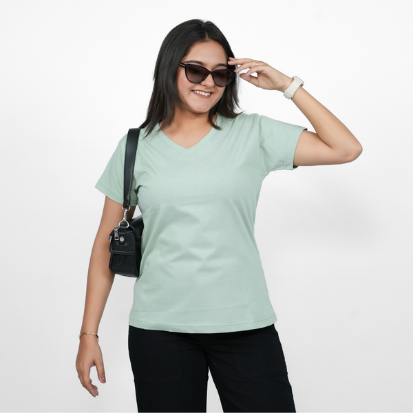 Glossy Green Solid V-Neck T-shirt for Women