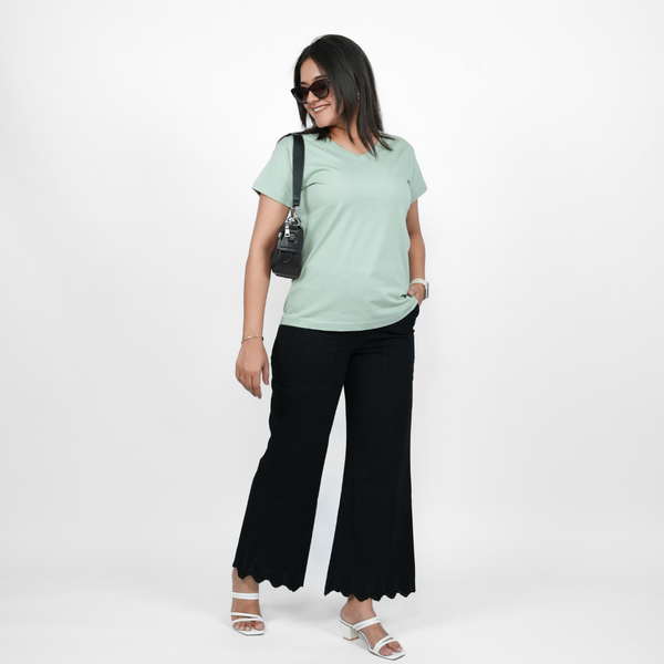 Glossy Green Solid V-Neck T-shirt for Women