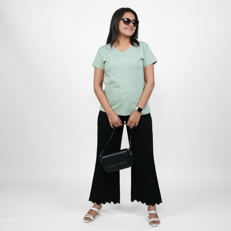 Glossy Green Solid V-Neck T-shirt for Women