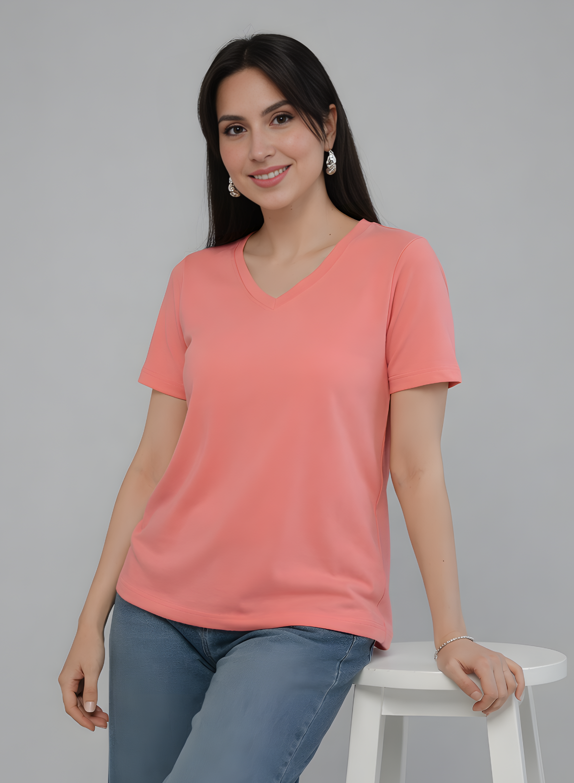Watermelon Pink Solid V-Neck T-shirt for Women