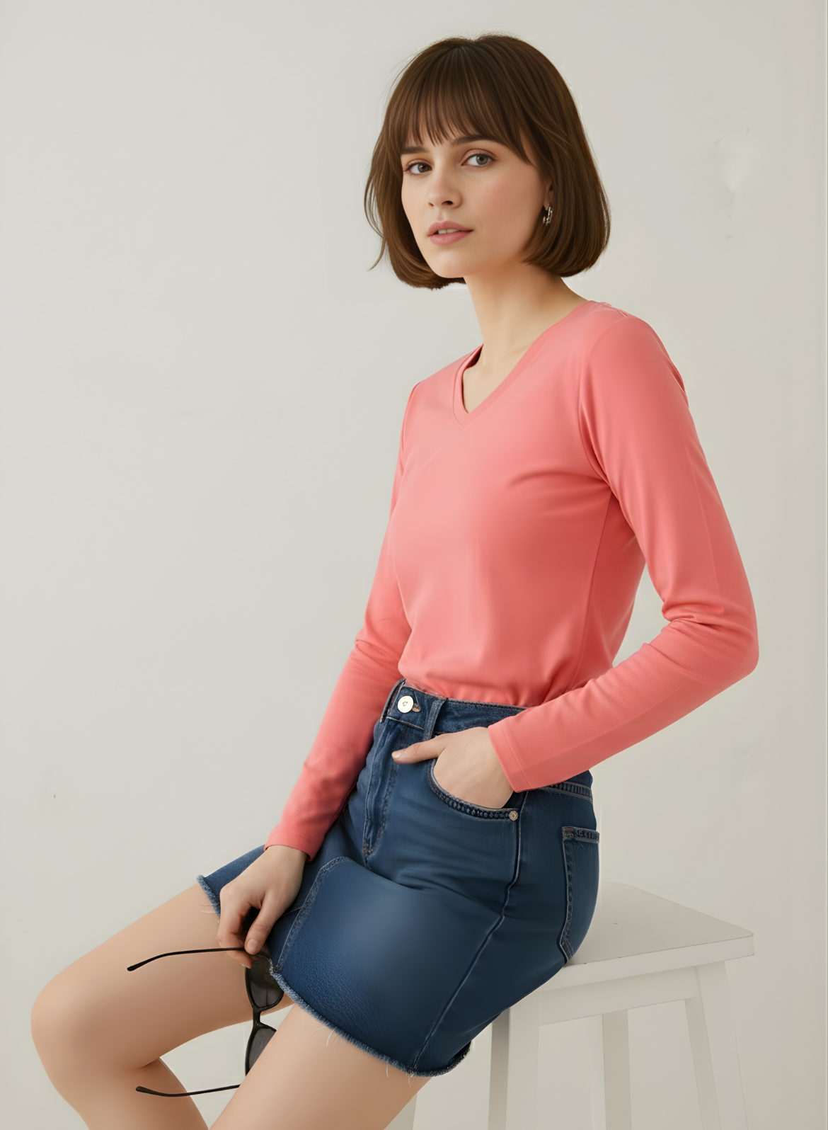 Watermelon Pink Full Sleeves V-Neck T-shirt