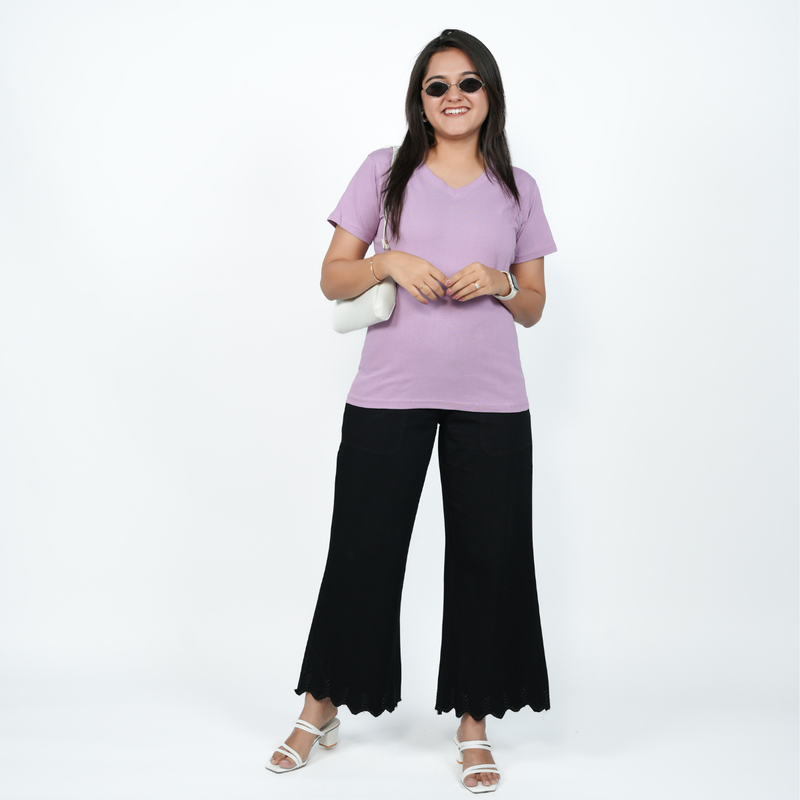 Lavish Lilac Solid V-Neck T-shirt for Women