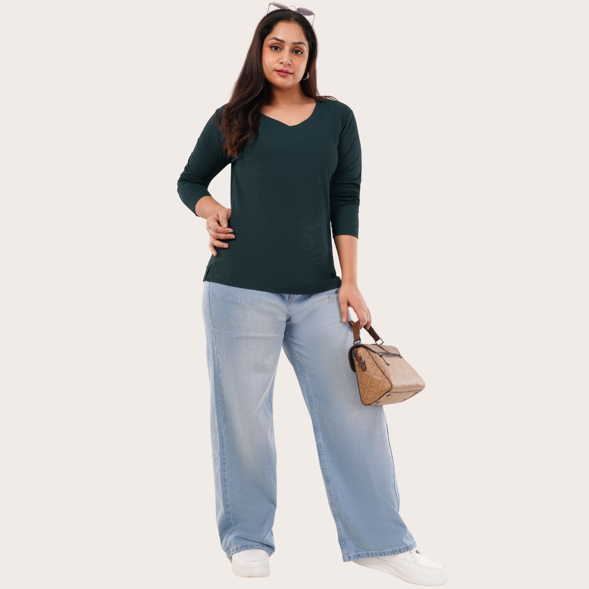 Gritty Green Ribbed V-Neck Full Sleeves T-shirt for Women