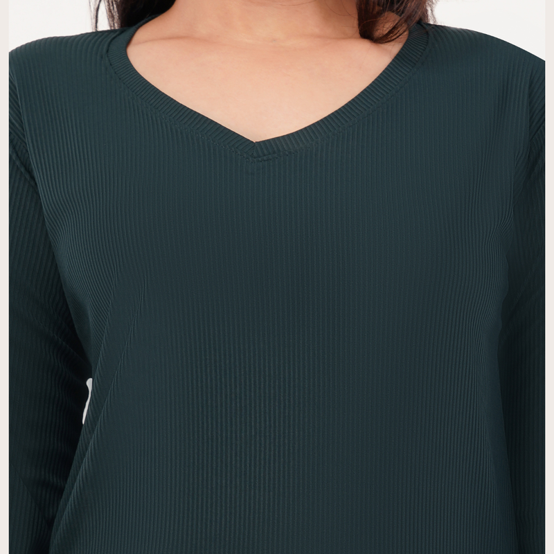 Gritty Green Ribbed V-Neck Full Sleeves T-shirt for Women