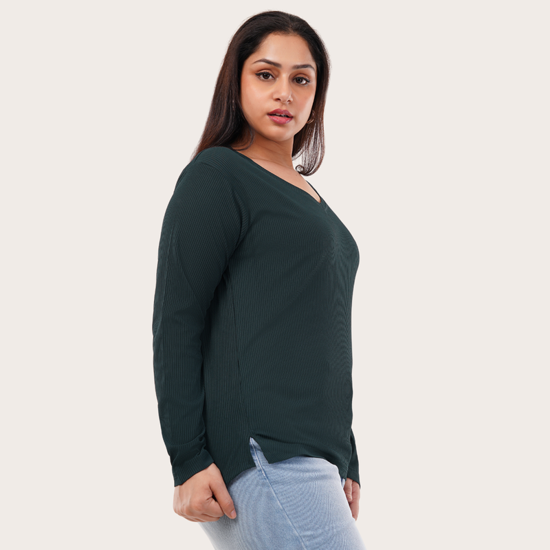 Gritty Green Ribbed V-Neck Full Sleeves T-shirt for Women
