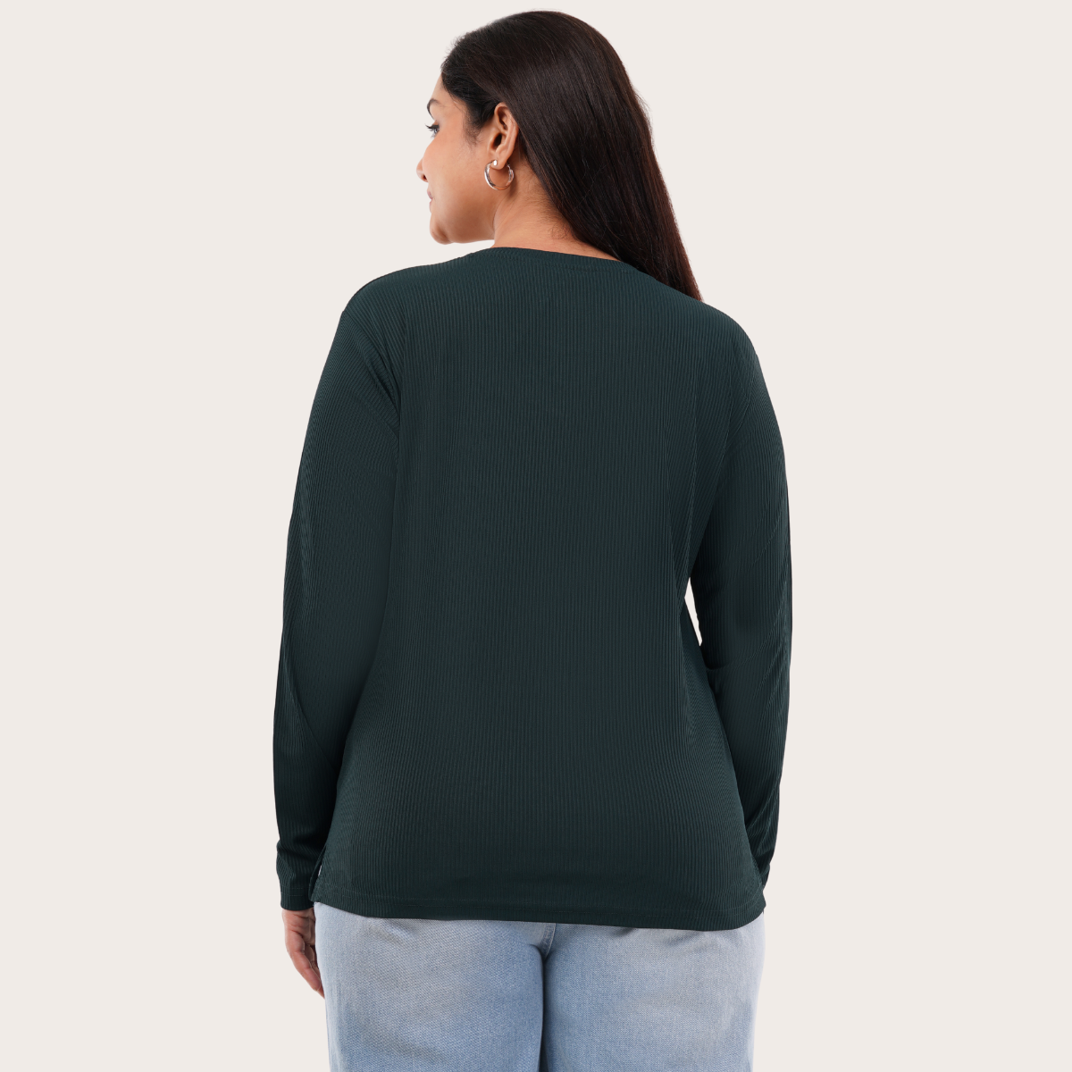 Gritty Green Ribbed V-Neck Full Sleeves T-shirt for Women