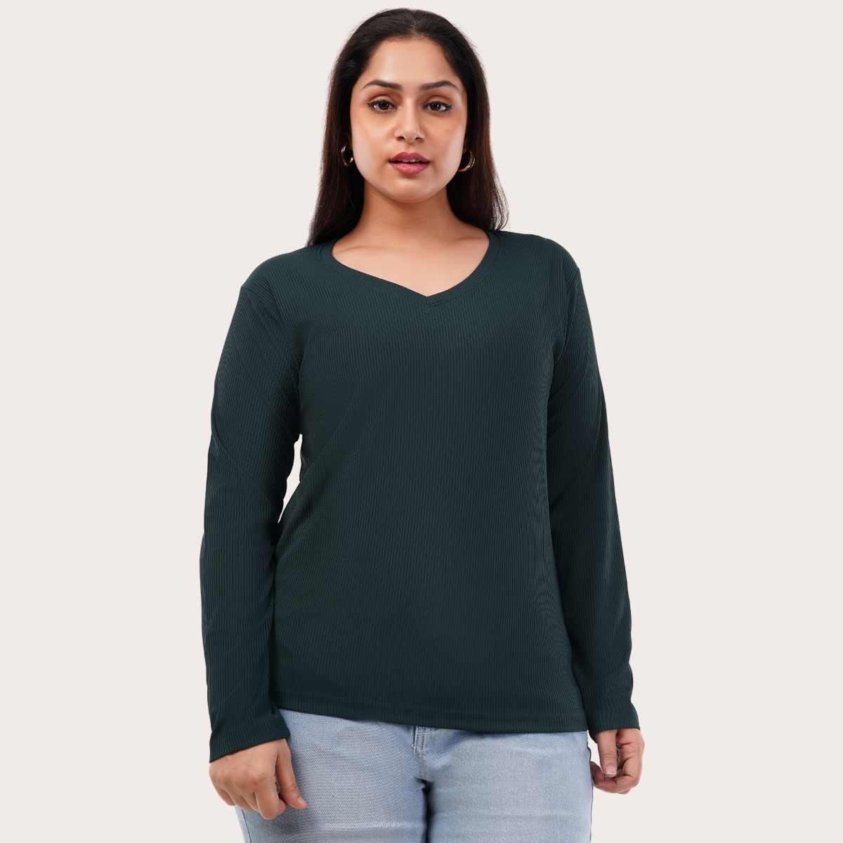 Gritty Green Ribbed V-Neck Full Sleeves T-shirt for Women