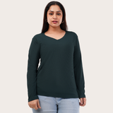 Gritty Green Ribbed V-Neck Full Sleeves T-shirt for Women