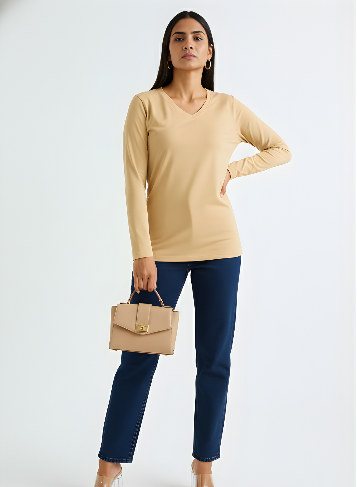 Biscotti Beige Full Sleeves V-Neck T-shirt
