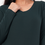 Gritty Green Ribbed V-Neck Full Sleeves T-shirt for Women