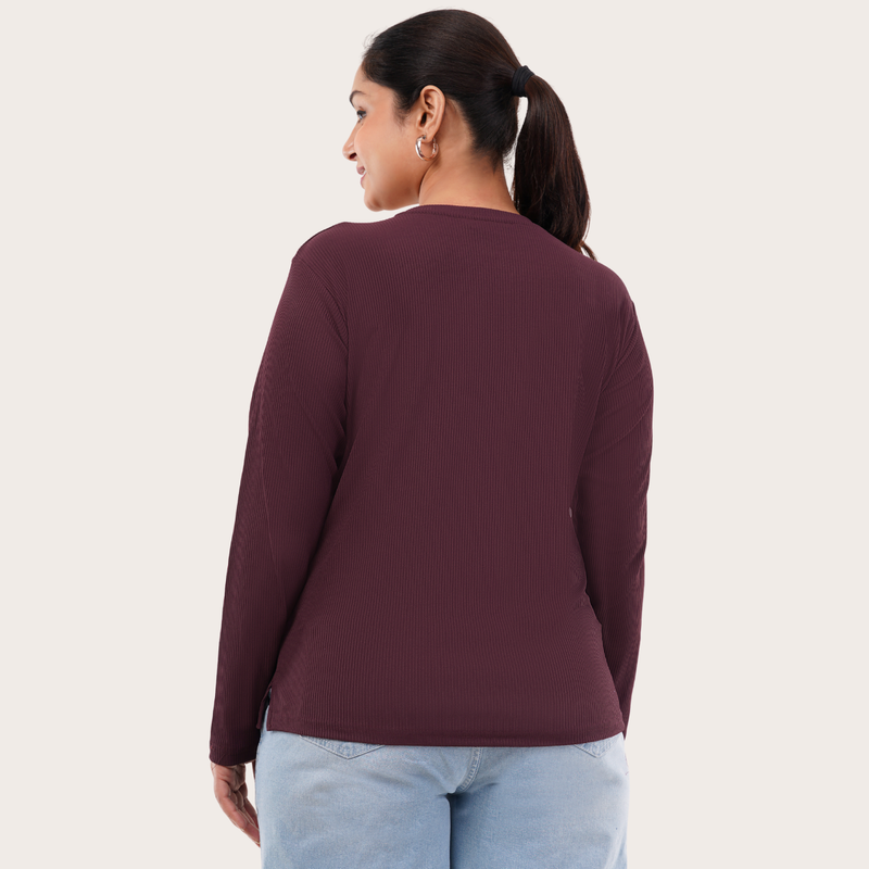 Burning Burgundy Ribbed V-Neck Full Sleeves T-shirt for Women