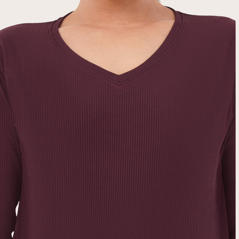 Burning Burgundy Ribbed V-Neck Full Sleeves T-shirt for Women