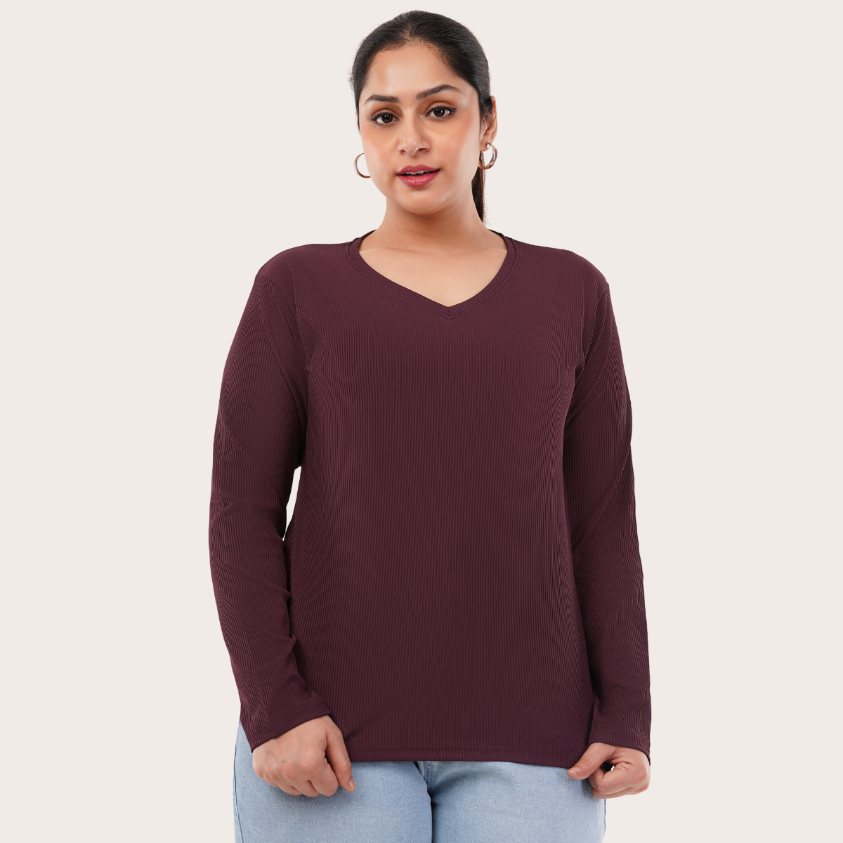 Burning Burgundy Ribbed V-Neck Full Sleeves T-shirt for Women