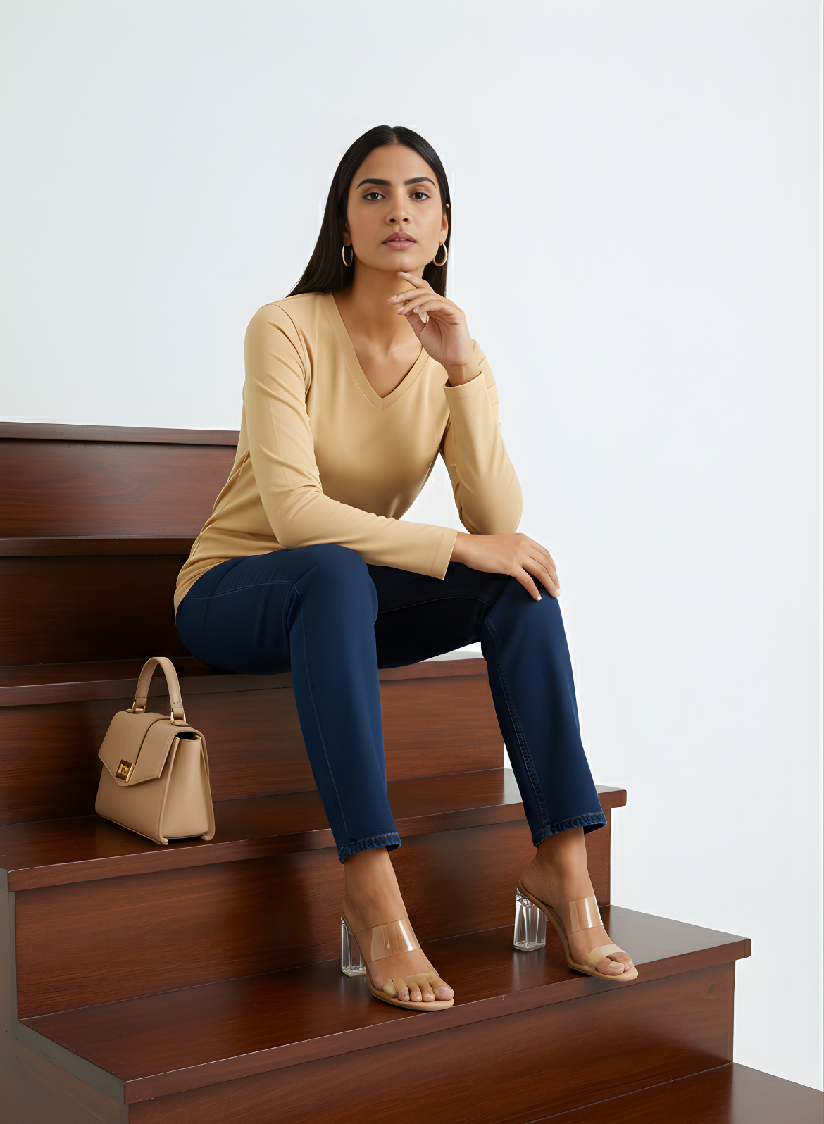 Biscotti Beige Full Sleeves V-Neck T-shirt