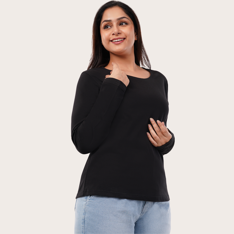 Brazen Black Full Sleeves Solid T-shirt for Women